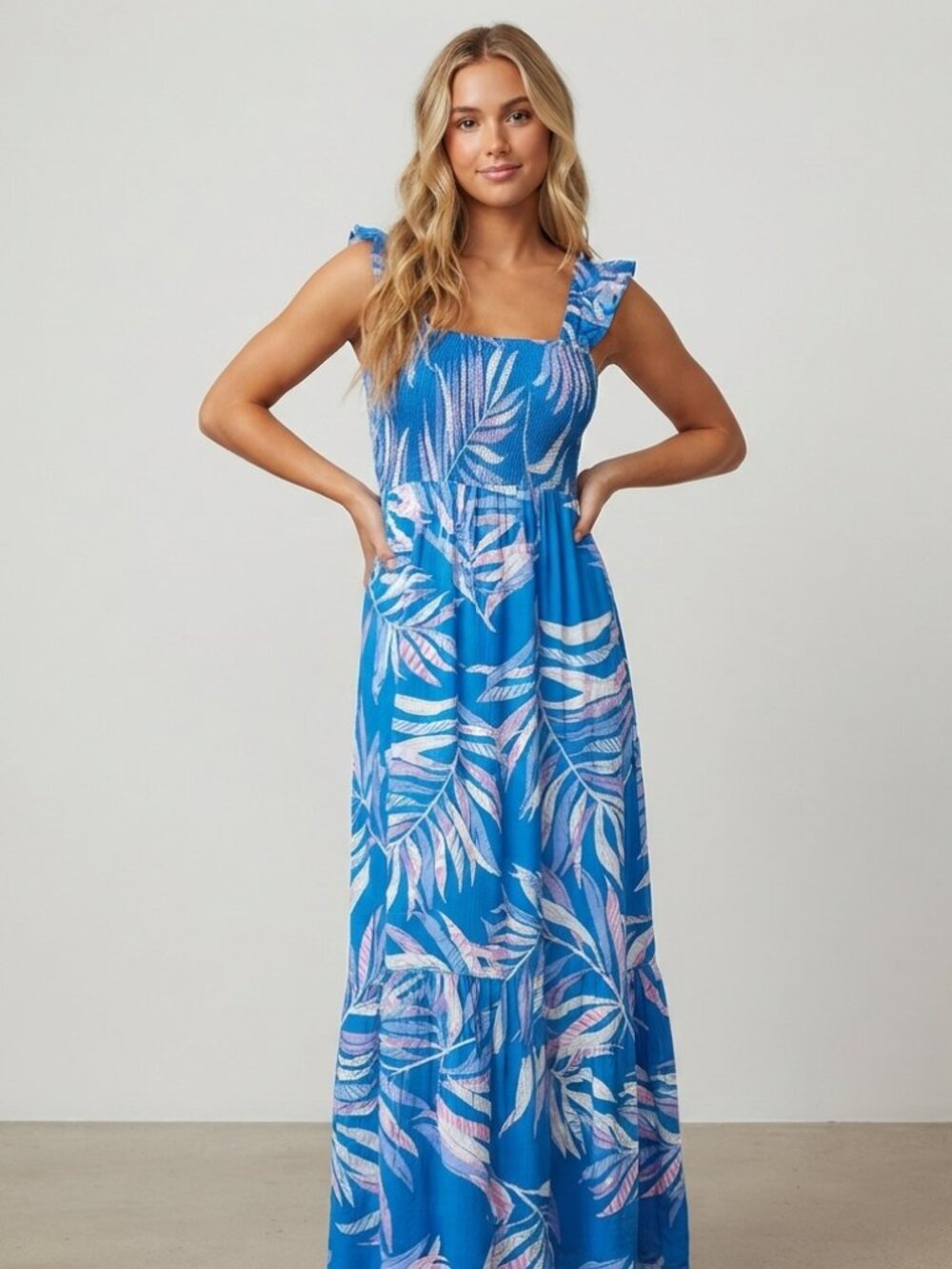 Soma Women's Blue Smocked Ruffle Sleeve Maxi Dress Small 39909